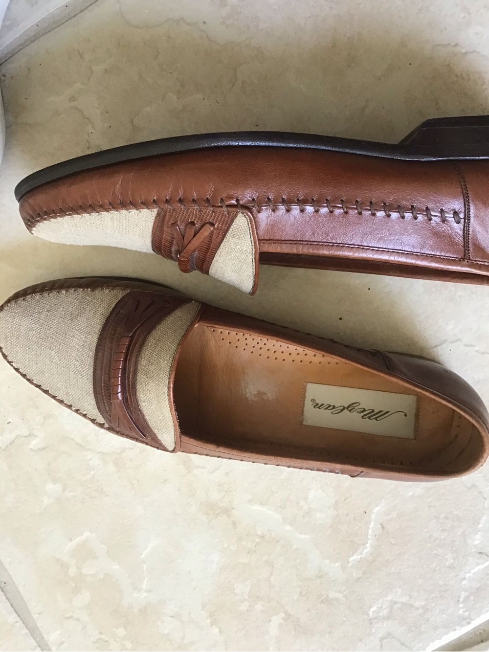 Mezlan Brown Leather and Beige Linen Penny Loafers - Picture 2 of 8